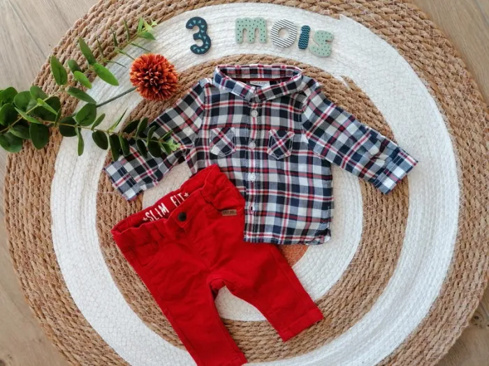 Ensemble slim rouge + chemise manches longues - 3 mois