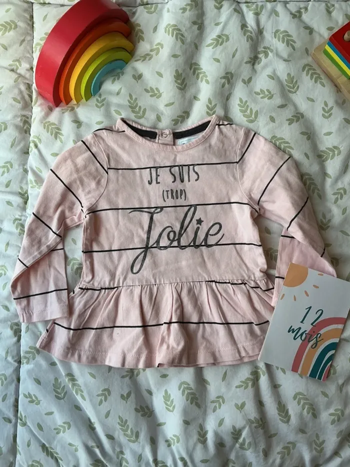 teeshirt manches longues rose rayures noir inscription devant 12 mois mes petits cailloux - photo numéro 2
