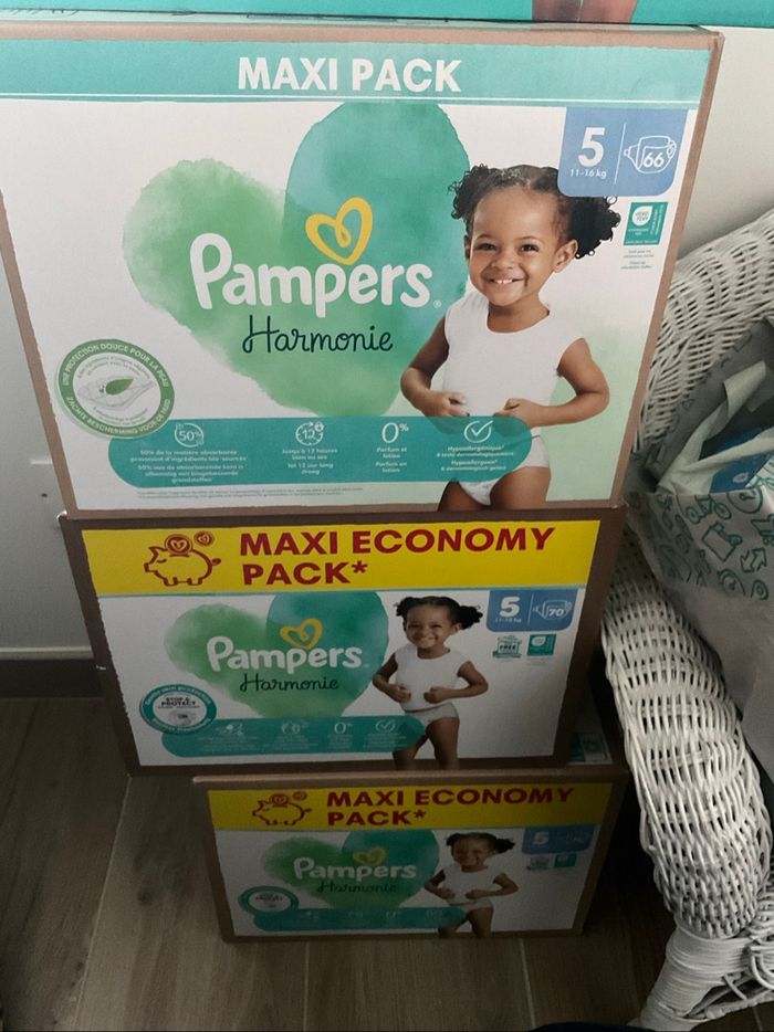 Lot de 3 boîtes Pampers harmonie,taille 5, remise 30 % avec code