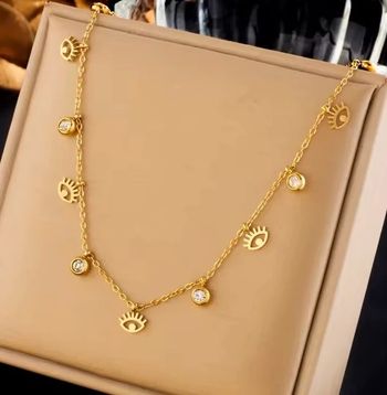 Collier doré en acier inoxydable – pampilles œil & strass (neuf)