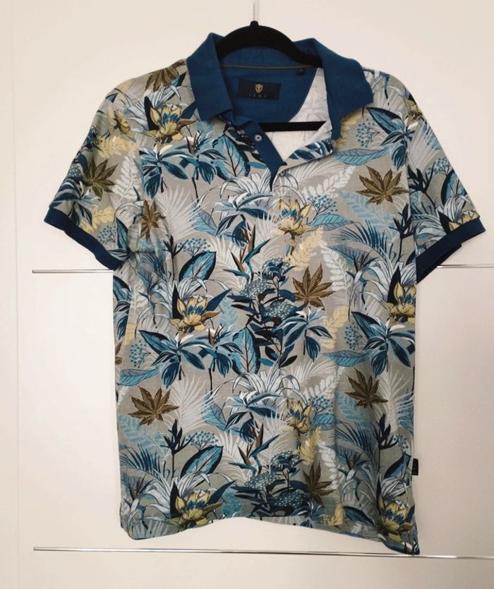 Polo homme fleuri gris bleu jaune  taille S Izac
