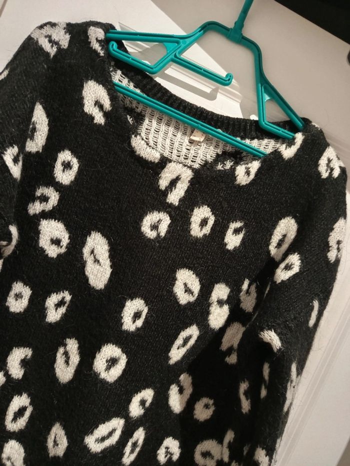 🌸 Pull d'hiver long Esprit noir imprimé léopard blanc L 40 acrylique polyester mohair elasthanne - photo numéro 3