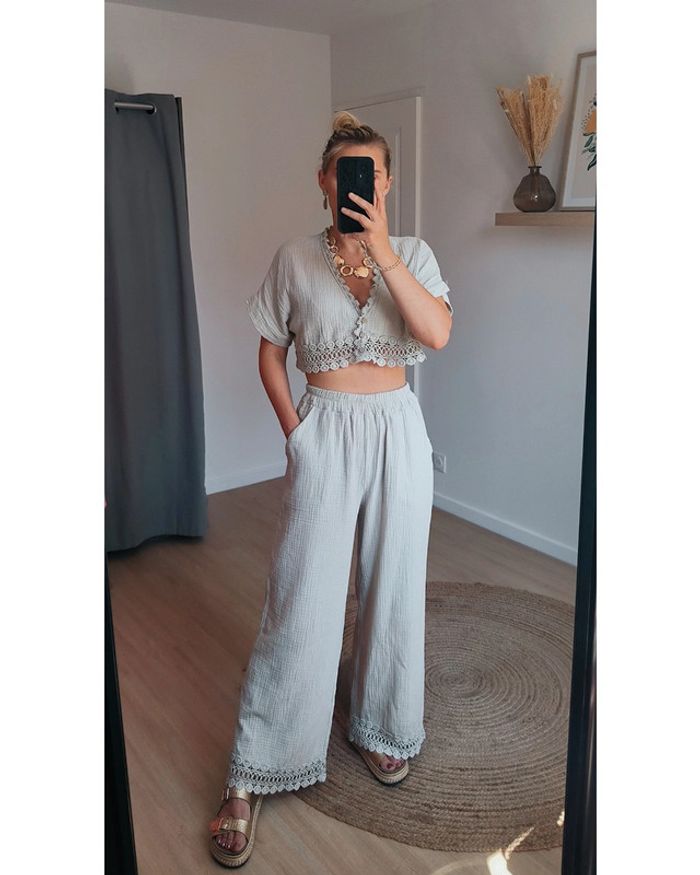 Ensemble 100% gaze de coton & dentelle Beige – Fabriqué en Italie 🇮🇹
