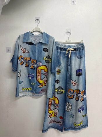 ensemble effet jean chemise avec pantalon imprimé américain usa LA