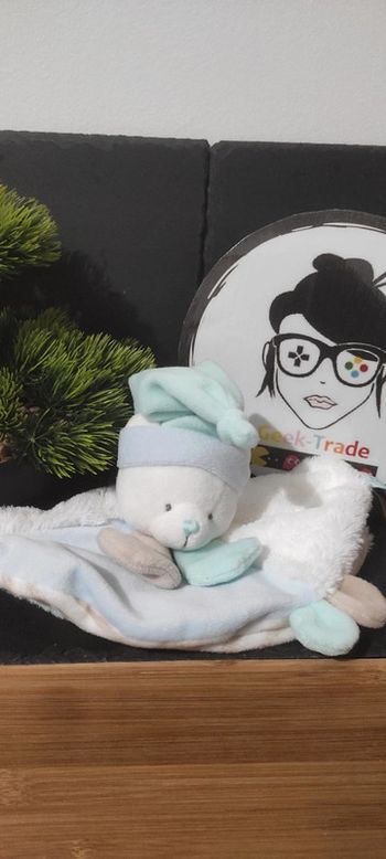 Doudou Ours Plat Rond Bleu Blanc Vert Les Tendres layette bn0105  beige bonnet rayé rayure