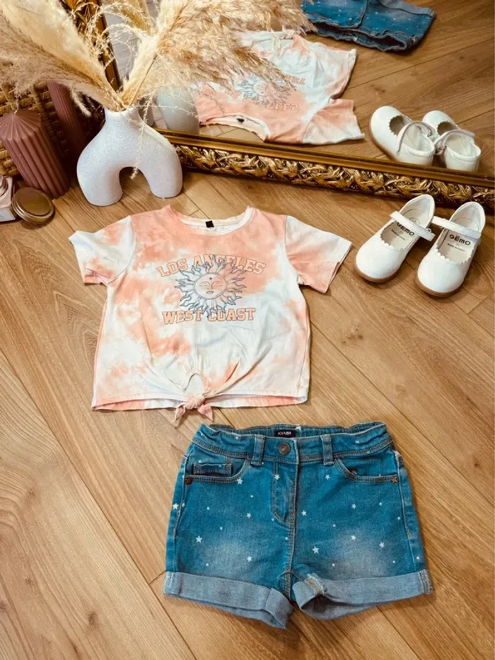 Taille 5 ans tenue 2 pièces été fille Kiabi abricot et bleu jean * soleil étoiles * 🌸
