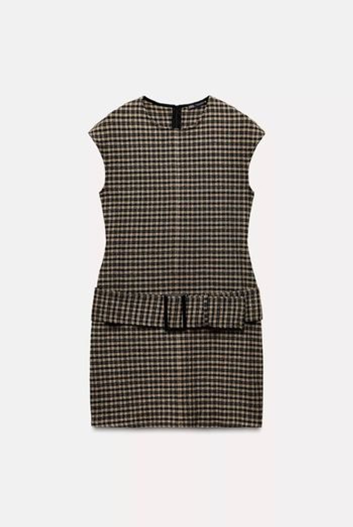 Robe interlock serre cintré avec ceinture noir et sable à carreaux pied de poule taille XS zara