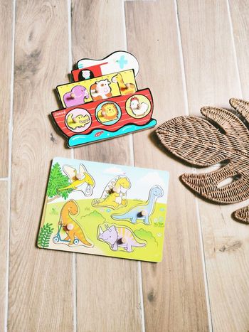 🧩Jeu d'éveil - Lot Puzzles en bois dinosaures et arche de Noé - marque Wooden puzzle et Janod 
