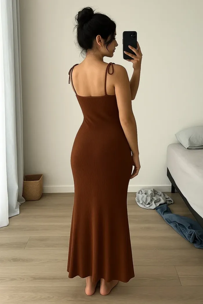 Robe longue marron café 🤎 dos nu & bretelles réglables | style été chic & tendance 2025 - photo numéro 3