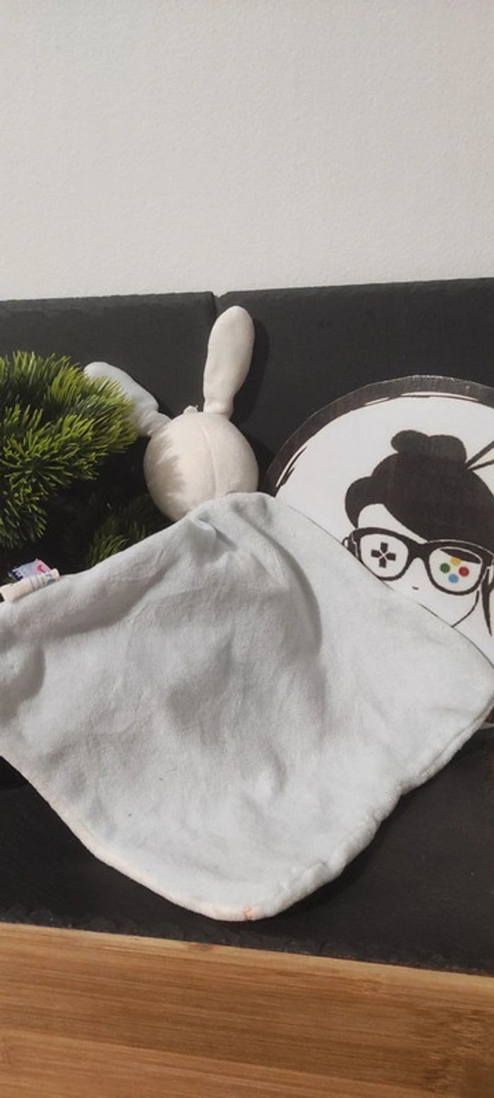 doudou lapin blanc jaune beige bleu zig Zag sucre d'orge marron sourire Ancien - photo numéro 2