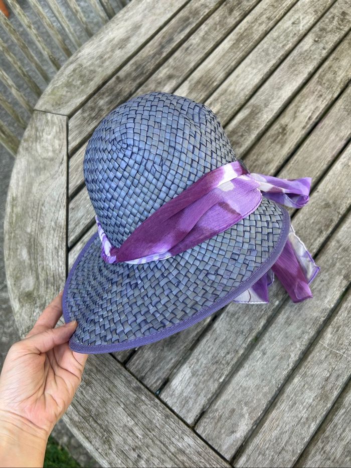 Chapeau de paille italien avec foulard - T.S - Violet et crème - photo numéro 3