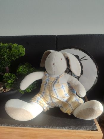 Doudou peluche lapin blanc crème beige salopette Jacadi peluche musique DD003576