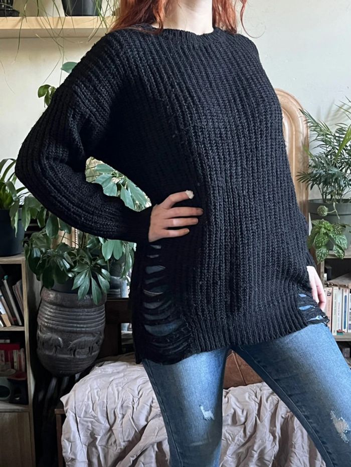 Pull d’hiver ample et long avec manches chauves-souris - noir