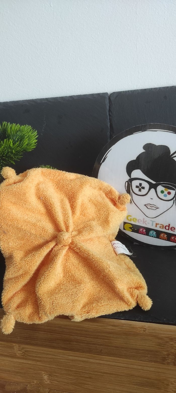 Ours baby nat' doudou plat carré orange vert bonnet ancien Marron beige carreaux - photo numéro 2