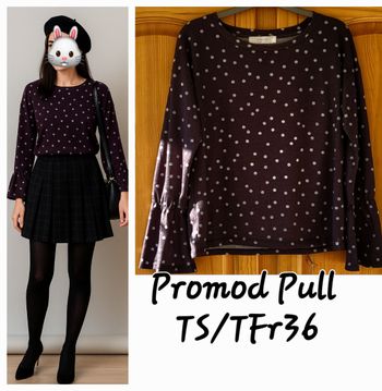 Promod Pull ML TS/TFr36 - Noir à Pois Blancs- Léger avec Extrémité des manches à Effet ClochePromod Pull ML TS/TFr36 - Noir à Pois Blancs- Léger avec Extrémité des manches à Effet Cloche