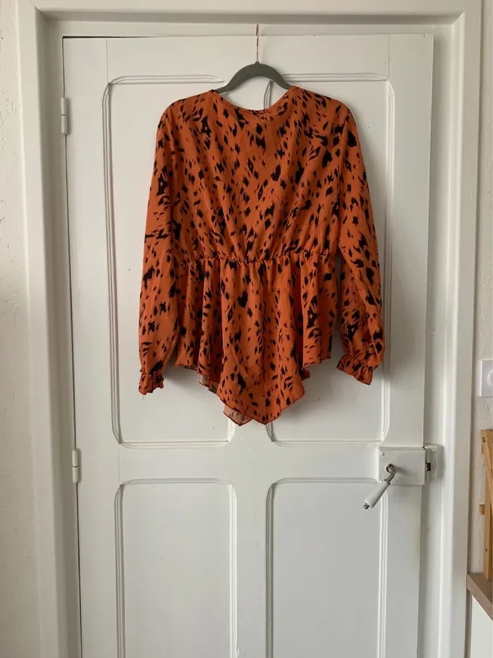 Blouse à manches longues péplum orange tacheté femme - Taille 1XL Shein Curve - photo numéro 2