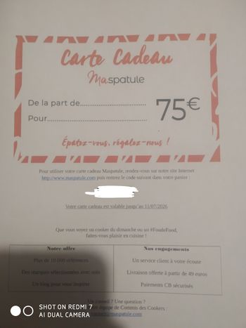 Carte cadeau Maspatule d'une valeur de 75€