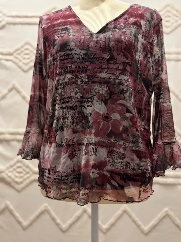 Haut vintage transparent à manches évasées - imprimé texte & fleurs - photo numéro 7