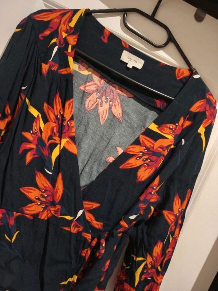 🌸 Blouse cache coeur péplum Grace & Mila bleu marine imprimé fleuri taille L en viscose et rayon - photo numéro 3