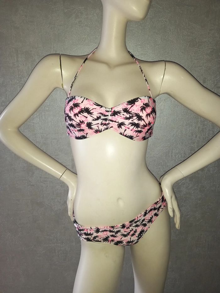 maillot de bain 2 pièces palmiers rose et noir taille 40