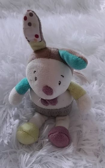 Doudou mini peluche lapin blanc et multicolores- Sauthon