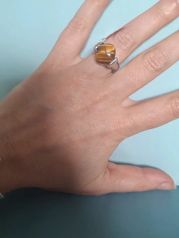 Bague plaqué argent avec pierre œil de tigre – Taille 17 - photo numéro 5