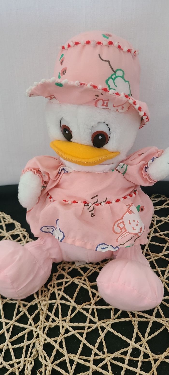 Peluche doudou canard blanc rose robe chapeau vintage Van De Walle - photo numéro 3