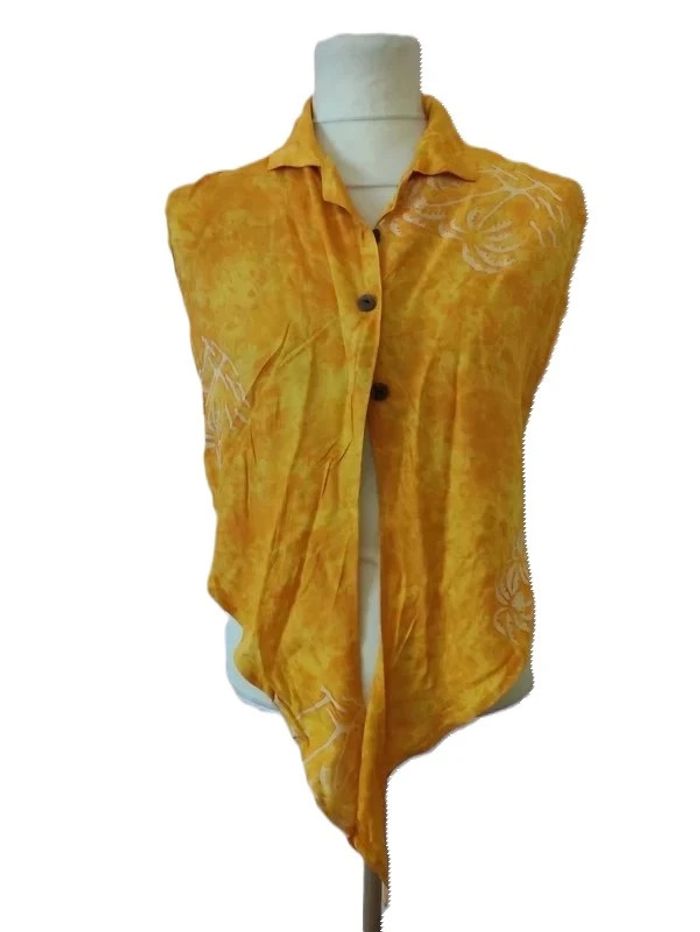 Blouse Jaune Imprimé Feuilles De Palmier Avec Dentelles Au Dos - Taille 40/42 - Coton Style Lin