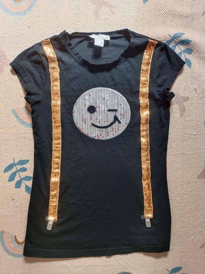 T-shirt noir smiley rainbow S sequins brillant doré argenté
