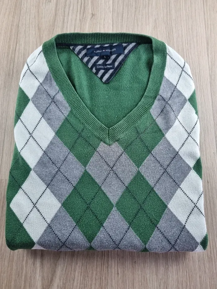 Pull a col V vert/gris Cachemire Tommy Hilfiger Homme Taille XL