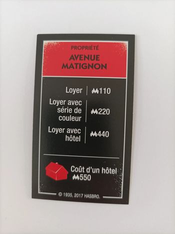 Carte propriété Avenue Matignon pièce détachée Monopoly édition tricheurs Hasbro gaming #A28