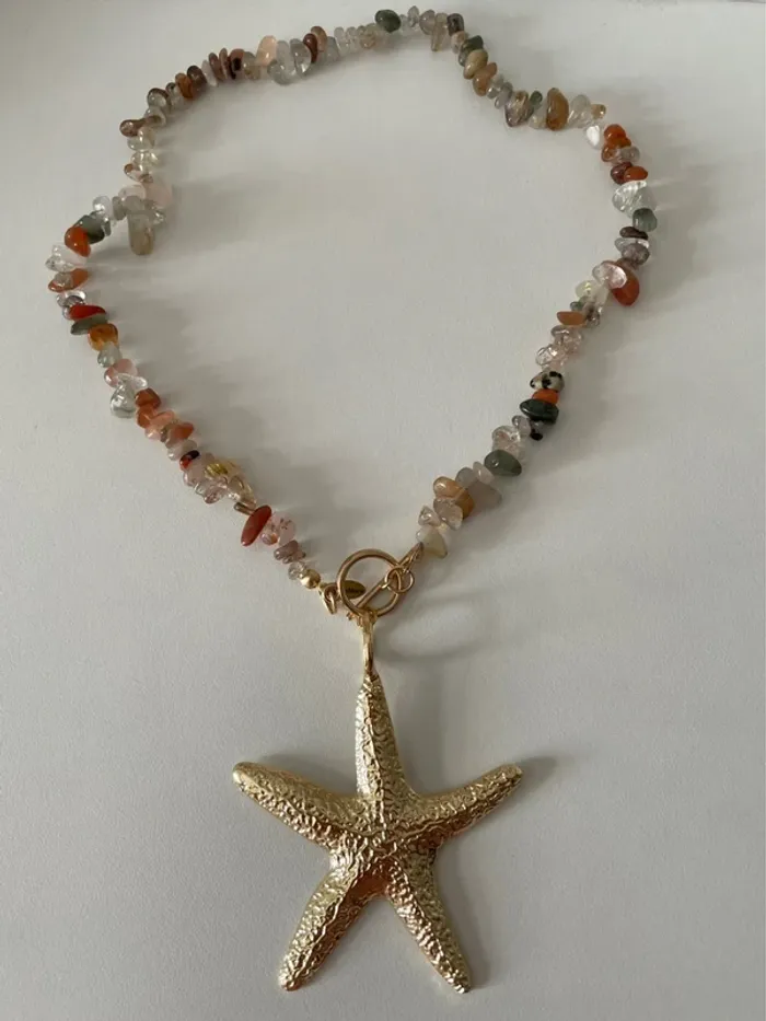 Collier pierre naturelles & pendentif étoile de mer dorée - photo numéro 8