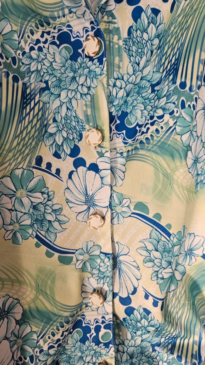 Chemisier vintage Afibel T50- fleurs bleu vert, épaulettes et lien à nouer - photo numéro 2