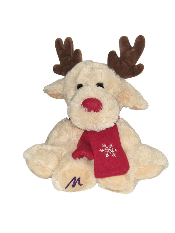 Peluche renne / élan / cerf beige Marionnaud avec écharpe rouge flocon – 35 cm