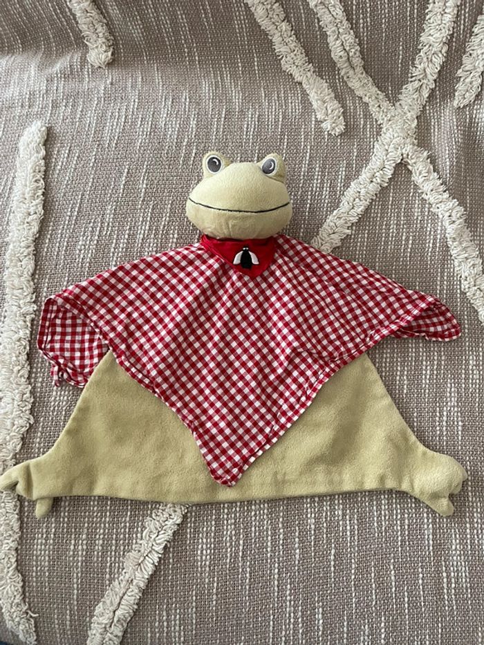 Peluche doudou plat 30cm IKEA grenouille vert et rouge à carreaux très bon état