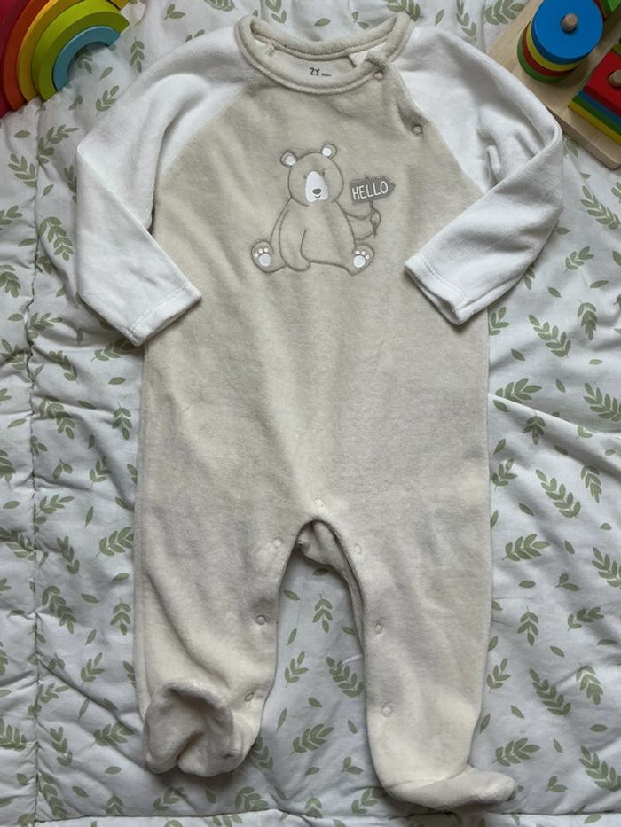 pyjama grenouillère en velours beige et blanc 6/9 mois zy baby - photo numéro 3