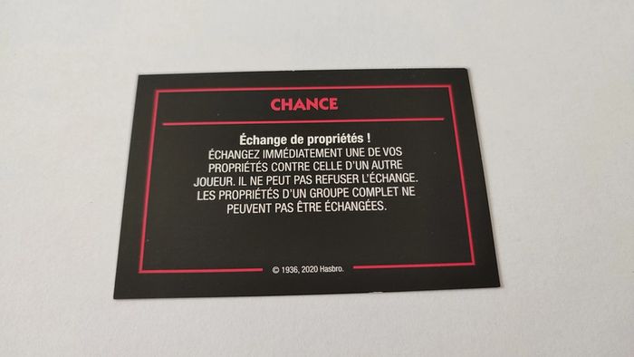 Carte Chance Echange de propriétés jeu de société Monopoly mauvais perdants Hasbro Gaming #B77