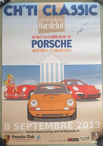 Vintage ancienne affiche publicitaire rassemblement Porsche