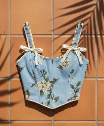 Corset fleuri bleu à bretelles nouées, taille S, chic bohème rétro été
