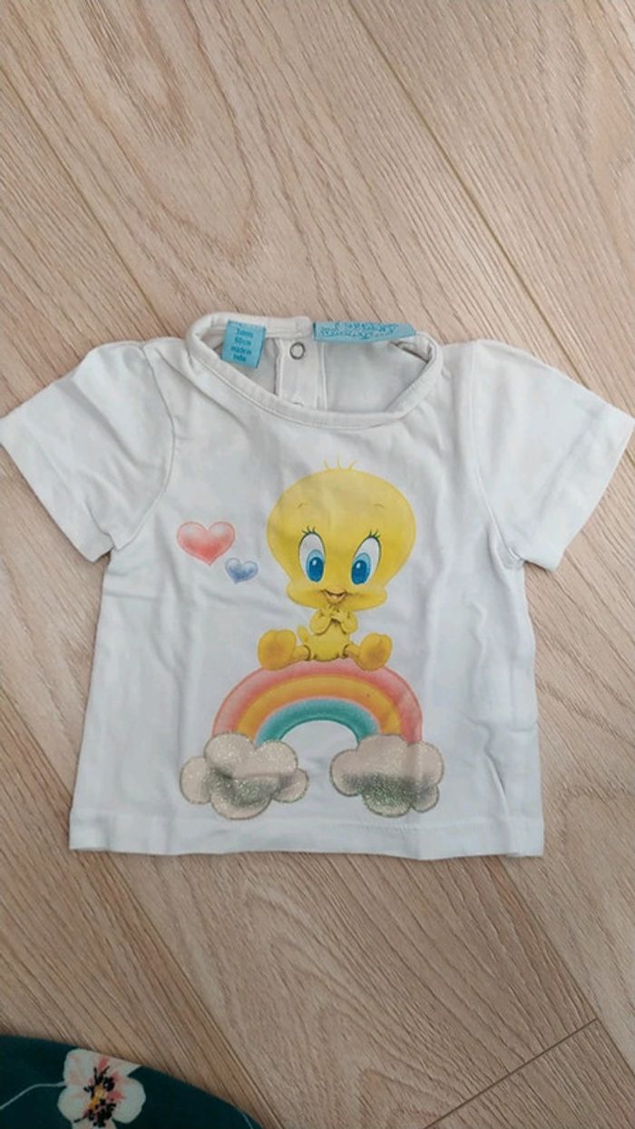 T-shirt MC titi 3 mois oiseau coeur arc en ciel