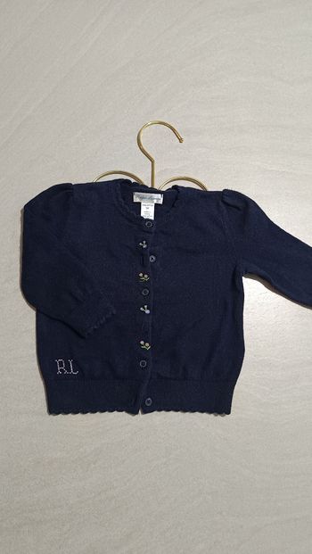 Gilet cardigan Ralph Lauren fille 9mois laine bleu marine fleurs 