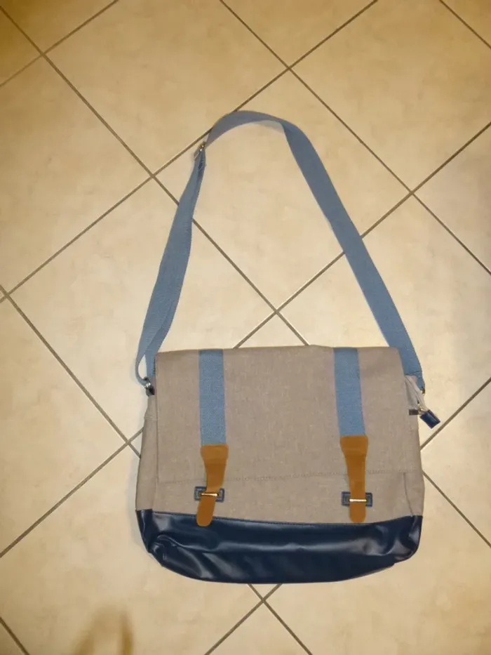 cartable sac bandoulière gris / bleu NEUF