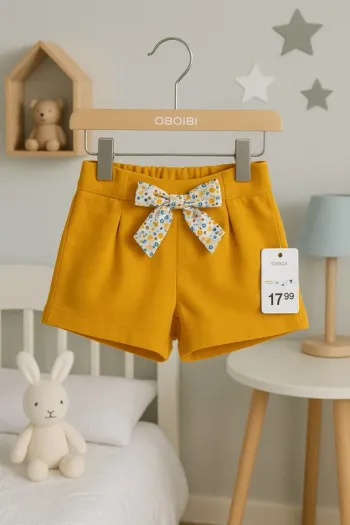 Short bébé fille moutarde Obaïbi avec nœud fleuri – 18 mois