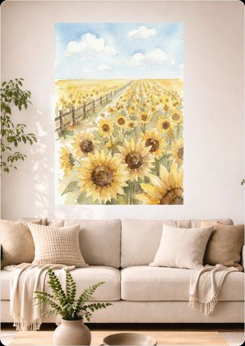 Affiche murale tournesols aquarelle "Champ de Soleil" déco nature A3 Sans cadre