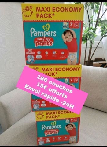 186 couches Pampers taille 7 pants lot de 3 cartons