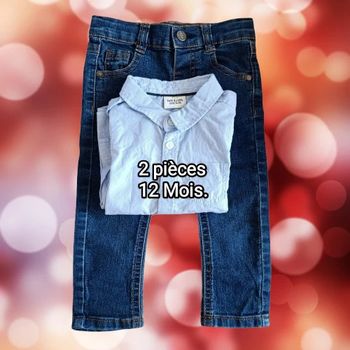 Superbe ensemble de 2 pièces. Chemise manches longues + jeans. 12 Mois. TAO. Excellent état.