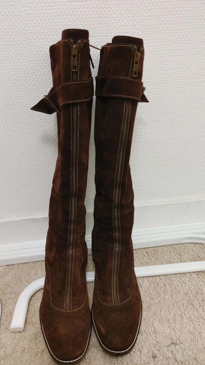 Bottes haute d'hiver intégralement fourré en laine daim marron talon carré bloc - photo numéro 16