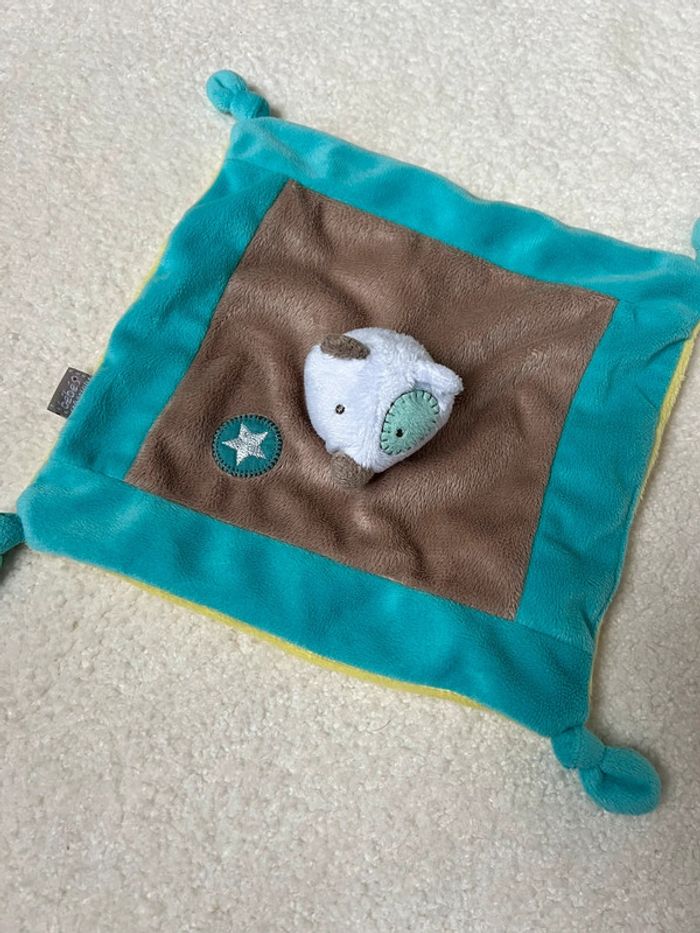 Doudou plat renard bleu et marron bebe9