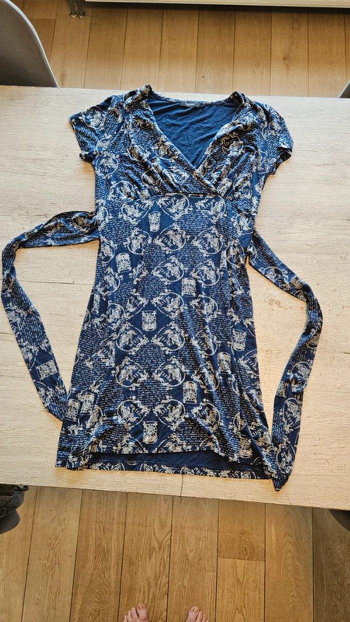 Rbe courte de grossesse, manches courtes, cache coeur, bleu motifs beiges, Noppies,M, nickel - photo numéro 2