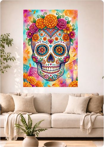 Affiche murale colorée “Calavera Mexicaine” déco fleurs A3 Sans cadre